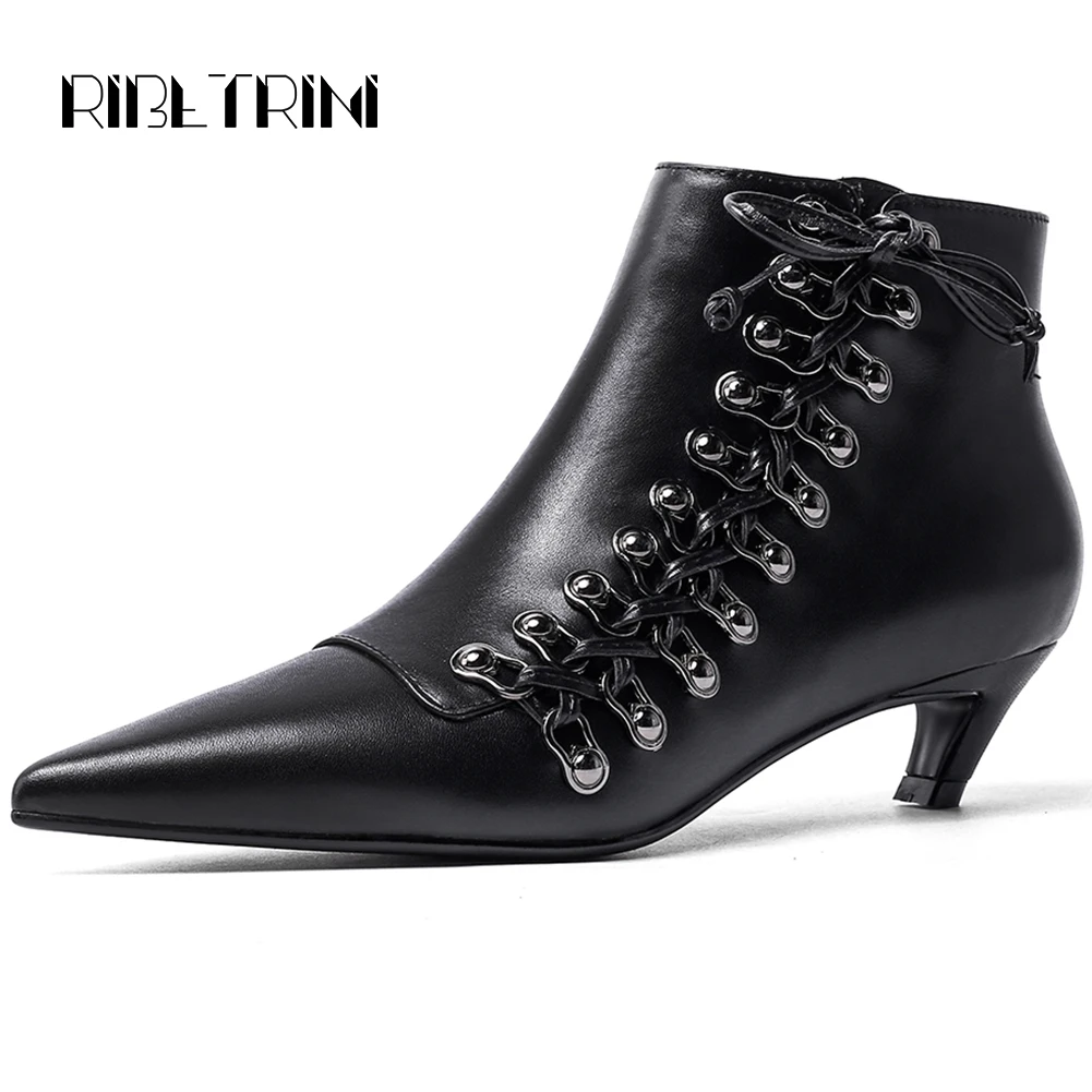 

RIBETRINI western pointed toe ankle boots for women side cross tied genuine leather boots women spike heeled short boots