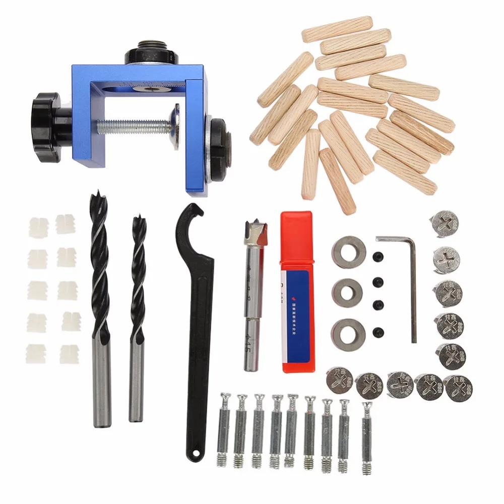 

Practical Blue Wood Dowel Hole Drilling Guide Jig Kit Woodworking Carpentry Positioner Tool with Hole Cutter