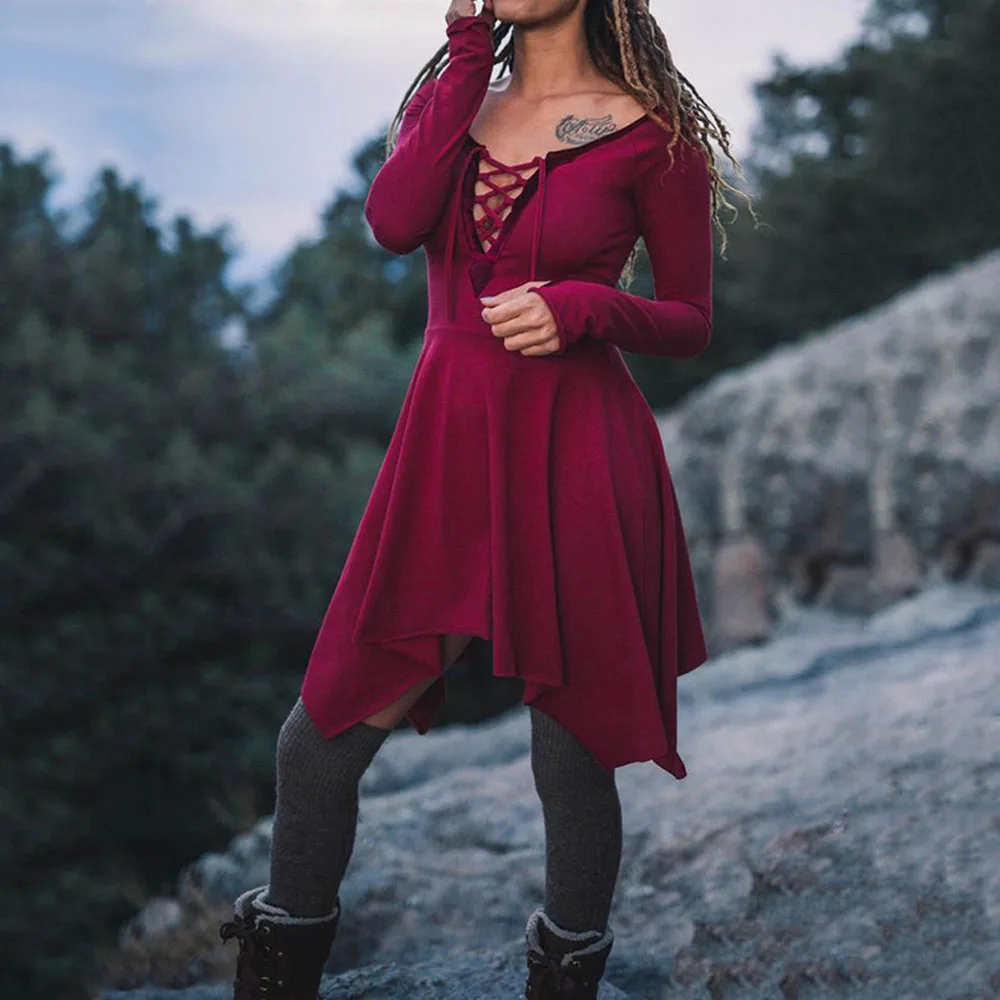 

Women Sexy Long Sleeve Solid Color Deep V Cross Lace Up Irregular Swing Dress Female Goth Dresses 2020 Dress Female Vestidos