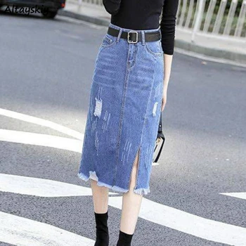 

Skirts Women Fashion Hole Summer Slim Notched High Waist All-match A-Line Chic Long Femme Jeans Skirt Oversize Korean Style 2020