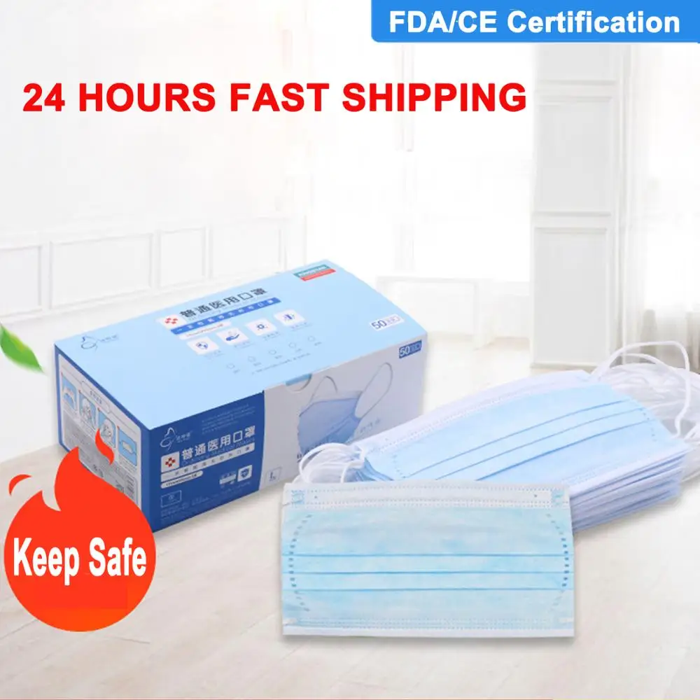 

100PCS 3-Ply Filter Protection Face Mask Disposable Nonwoven Mask Elastic Safety Mask Anti-Dust for Earloop