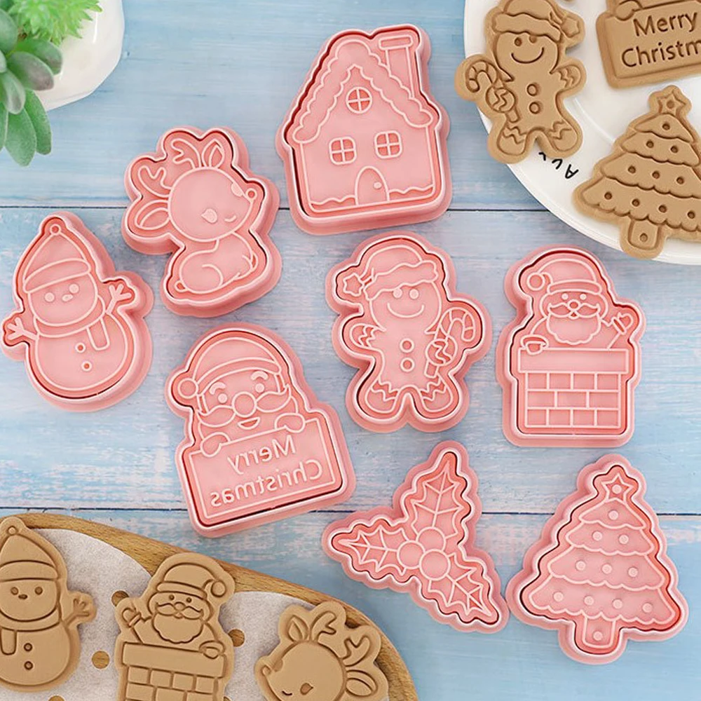 Cookie Mould Cookie Printing Mold Baking Mold 8Pcs/Set Christmas Biscuit Mold Santa Snowman Tree Elk Cute Pattern Cookie Stamp Pressure Fondant Sugarcraft Baking Tools