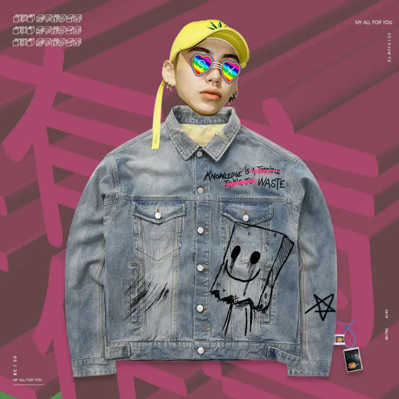 

Oversize Coat Jeans Jacket Back hand drawn old graffiti Crying ice cream Print Hip hop Large Jacket Unisex Cool men