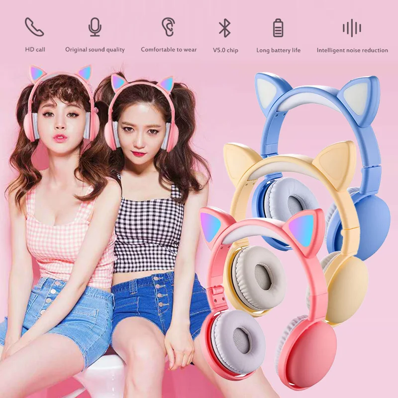 Cute Cat Ear Kids Headphone LED light With Mic Cartoon wireless Bluetooth 5 0 headphone Girl Gaming Headset For Child Gift