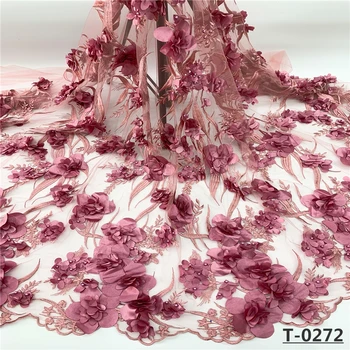 

Beaded french African 3d flower lace embroidered fabric 2019 high quality Pink stones bridal tulle mesh Nigerian wedding laces