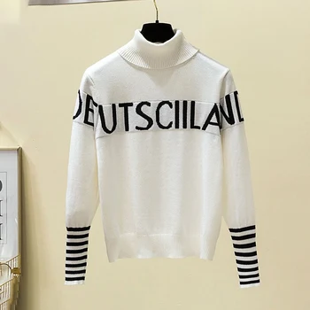 

Women Autumn Zipper Casual Sweaters High Neck Pullover Student Thin Letters Striped Bottoming Sweater Wild Warm Loose Sweater