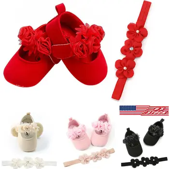 

2Pcs Newborn Infant Baby Sneaker Girls Boys Lace Hook Soft Sole Prewalker Warm Shoes with Floral Headband