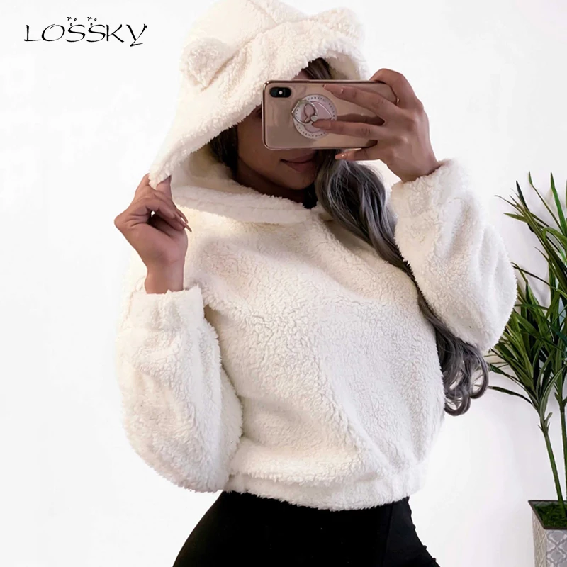 Lossky/толстовка с капюшоном с ушками, укороченный топ, короткий женский пуловер с длинным рукавом, новинка, белая Осенняя зимняя плюшевая теплая женская одежда