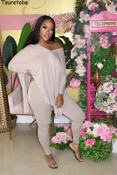

Tsuretobe Two Piece Set For Women Fall Clothes For Women Split Long Sleeve Top Leggings Set Lounge Wear Casual Matching Sets