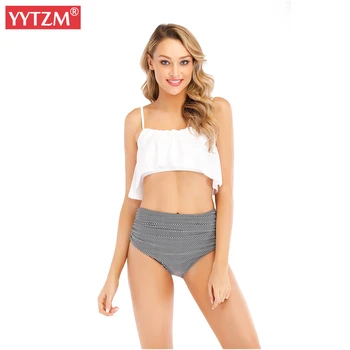 

Blue and White Vertical Lotus Leaf Print High Waist Bikinis Female New Patchwork Bathing Suit Swimwear Waistline Crease Design