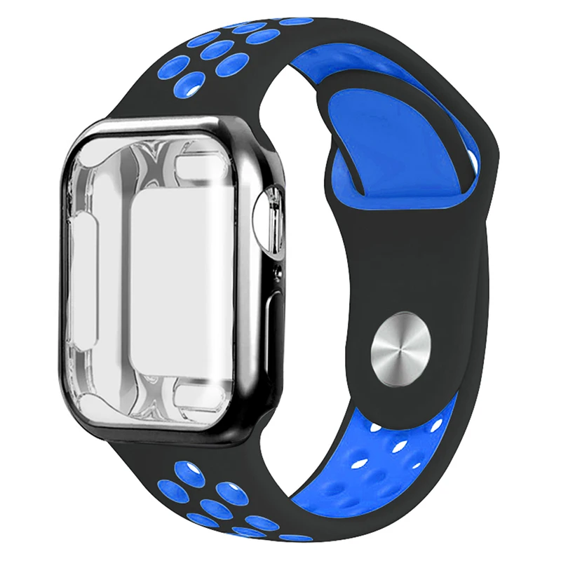 Дышащий силиконовый спортивный ремень Apple Watch 5 4 3 2 1 42 мм 38 мм резиновый ремешок Nike+ Iwatch+ чехол 5 4 3 40 мм 44 мм - Цвет ремешка: Black with blue
