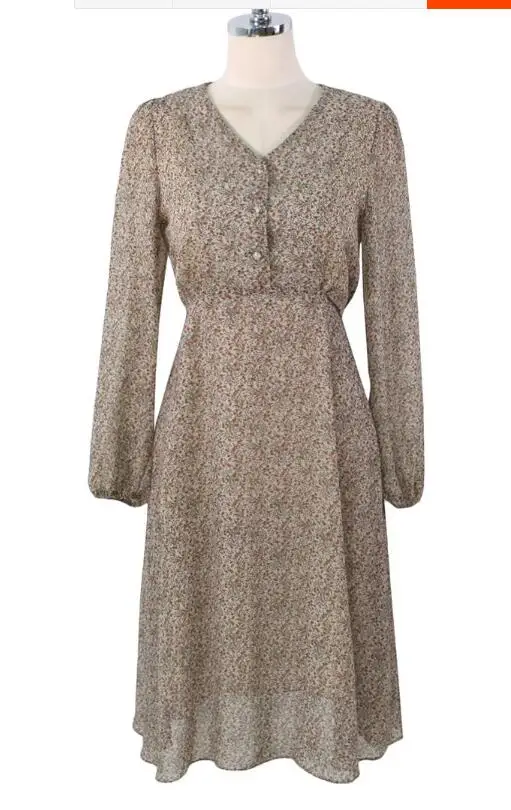 Beige Осенние базовые платья женские модные с длинным рукавом Тонкий талия цветочный, отпечатанный, винтажный стиль одежды в Корейском стиле милый дизайн 9202 - Цвет: Beige