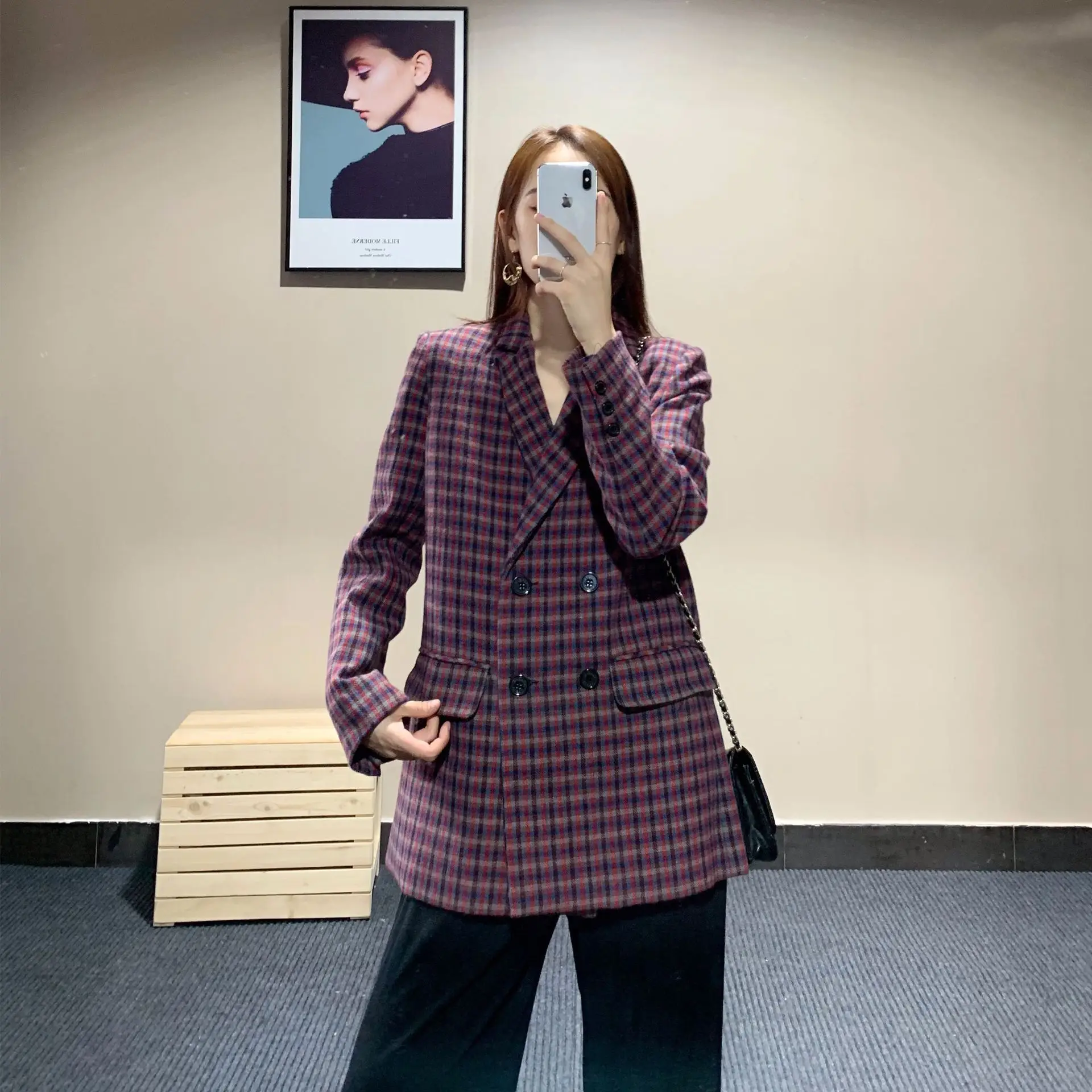 19 Autumn And Winter New Style Retro England Contrast Color Thousands of Birds Double Breasted Pattern Casual Woolen Suit Jacket