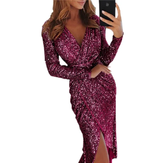 Embrace Shimmering Elegance with the Bronzing Long-Sleeved V-Neck Dress