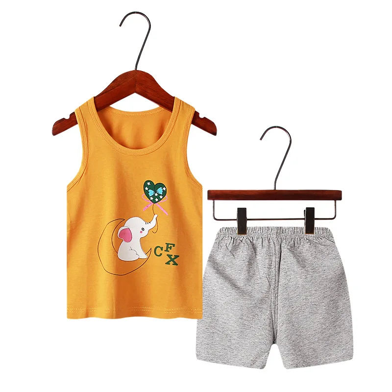 

Lovey Cartoon Elephant Design Kids Clothes Baby Boys Girls Vest Tops+shorts Sets Sleeveless Pure Cotton High Quality Regular