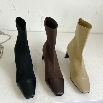 

Winter Luxury INS Women Block Heels Sock Boots High Heels Knitting Stretch Boots Designer Yarn Elastic Ankle Boots Party Shoes
