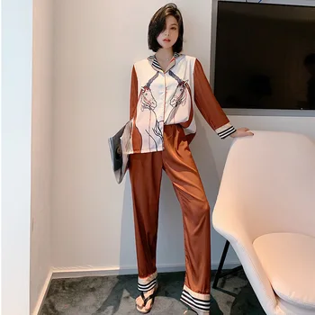 

Casual Satin Pyjamas Sleepwear Print Lady 2PCS Shirt&Pants Nightgown Kimono Bathrobe Gown Silky Intimate Lingerie Homewear