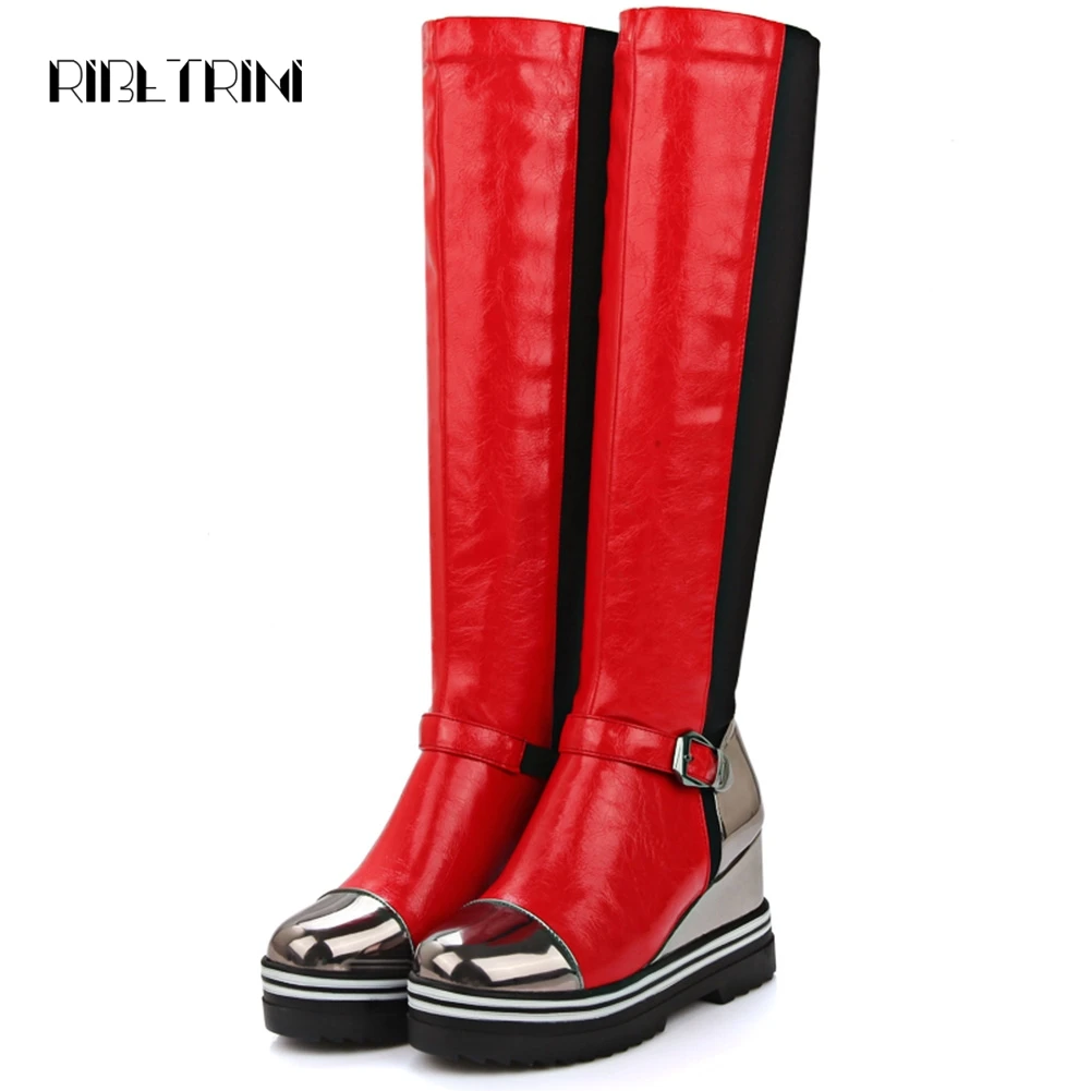 

RIBETRINI Knee High Boots For Women 2019 Fashion Color Mixed Shoes Woman Autumn Winter Fur Shoes Wedges Platform Boots Big Size