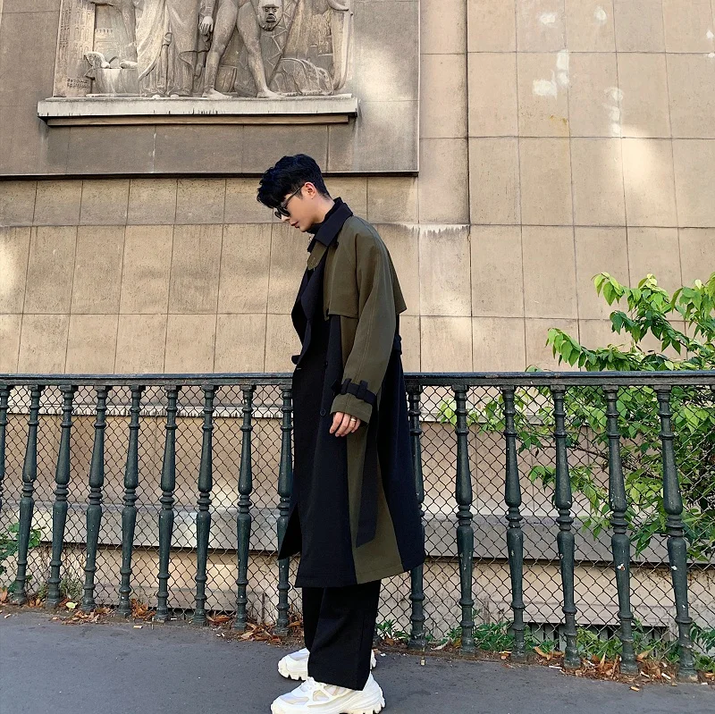 Men Autumn Winter Splice Sashes Loose Casual Chic Long Trench Coat Male Vintage Streetwear Hip Hop Windbreaker Overcoat Jacket