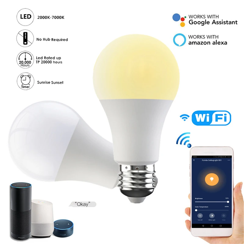 Умсветильник лампа B22 E27 с Wi-Fi 15 Вт светодиодная RGB работает Alexa/Google Home 110 В/В