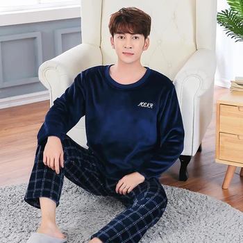 

Men's Pajamas Winter Mens Flannel Pajama Sets O-Neck Long Sleeve Pyjamas Men Sleepwear Male Thick Warm Coral Fleece Pajamas 143#
