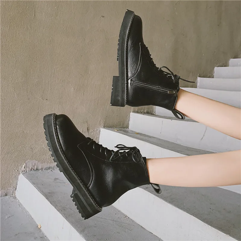 

Brand Women's Shoes Lolita Boots Round Toe Lace Up Low Heels booties Booties Ladies Bootee Woman 2019 Fashion Rock Rubber