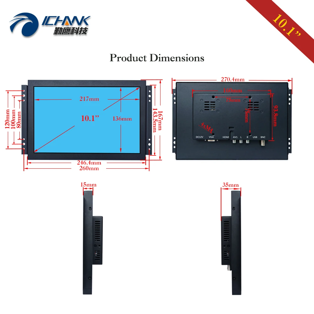      PC , ݼ  RCA HDMI Է VGA  LCD ȭ K101TN-ABHUV, 10.1 ġ ÷, 1280x800p