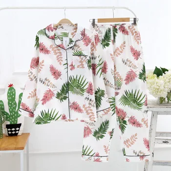 

Women Long Sleeve Nightwear Autumn 100% Cotton Knitted Pajama Set Turn-down Collar Leaves Printing Pajamas Loungewear Sleepwear
