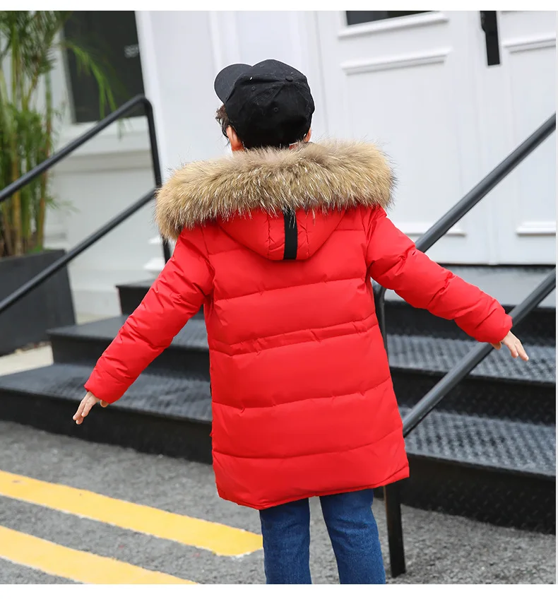 Новинка года, Детский пуховик детская зимняя куртка детский длинный пуховик в Корейском стиле для мальчиков и девочек, плотное пальто с большим меховым воротником