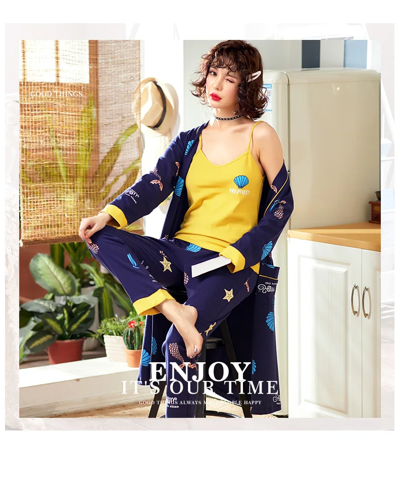 Primavera e Outono Pijamas de Algodão de Manga Comprida Completa Três Peças Robe Bonito Sexy Leisurewear Terno 2 Pijamas e Moda Íntima