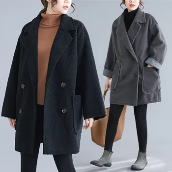 

BIG SIZE Autumn Winter Women Fashion Solid Color Outerwear Tops Ladies Female Plus Large Long Woolen Loose False Fur Jacket Coat