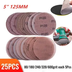 Disques de ponçage à mailles, 5 pouces, 125mm, 25 pièces, papier de verre abrasif, sans poussière, oxyde d'aluminium, accessoires pour outils électriques à Air 