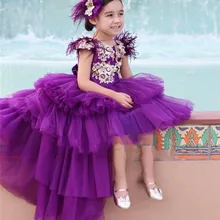 Элегантные фиолетовые пышные платья для девочек; длинные платья принцессы с рукавами-крылышками и золотыми аппликациями для маленьких девочек; праздничные платья для выпускного бала