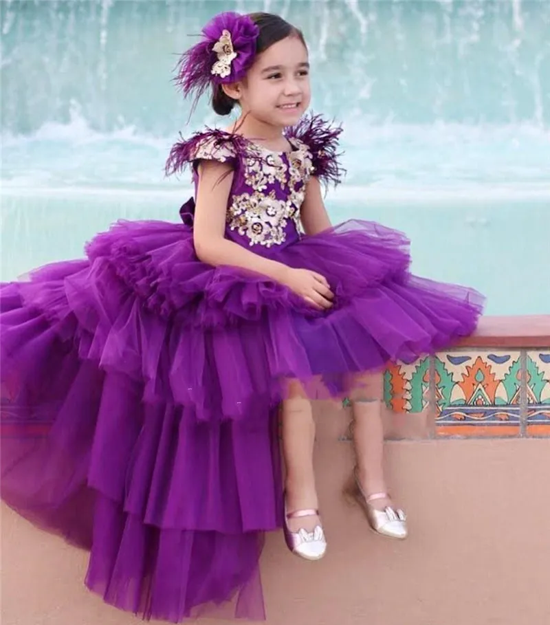 High Low Purple Girls Pageant Dresses Princess Cap Sleeve Gold Appliques Long Toddler Kids Flower Girl Party Prom Gowns | Детская одежда