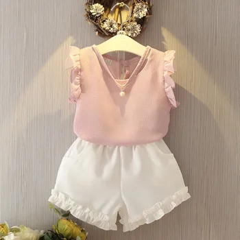 

2017 summer Korean baby girls clothing set children pearl shirt+chiffon shorts suit 2pcs kids butterfly sleeve clothes set suit