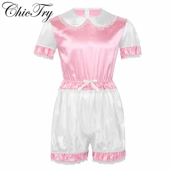 

Male Mens Sissy Silky Satin Doll Collar Short Puff Sleeves Trimmed Lace Romper Adult Baby Cross Dresser Costume for Nightwear