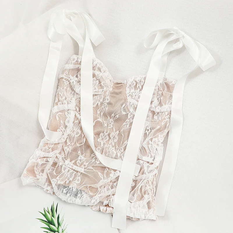 Летняя Модная элегантная приталенная короткая кружевная майка на шнуровке с