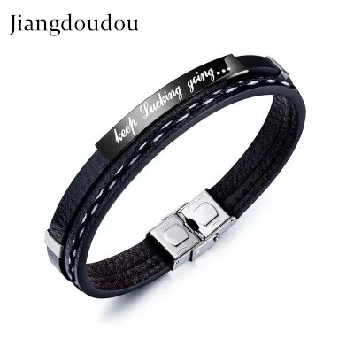 

Dropshipping Leather Bracelets for Men with Inspirational Word "keep Bucking going" DIY Personalized Stainless Steel Bracelets
