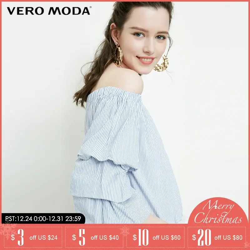 Vero Moda Весна Лето Новый эластичный вырез лодочкой слоистых полосатые топы рубашка