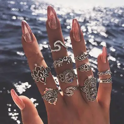 11 Pcs/set Bohemian Beach Retro Elephant Hollow Lotus Wave Gems Geometry Crystal Ring Set Women Charm Jewelry Accessories | Украшения и