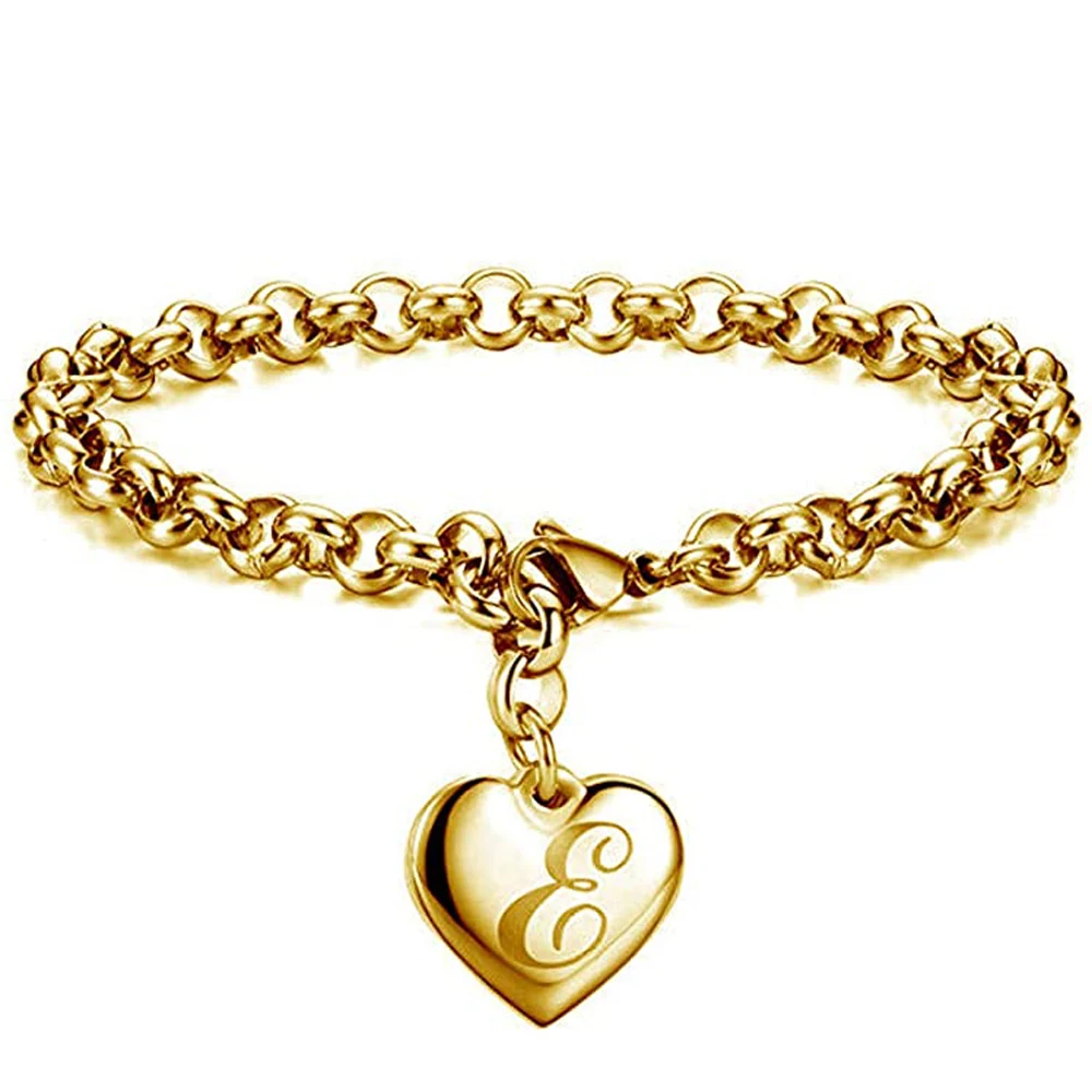 Initial Charm Gold-Color Bracelets Stainless Steel Heart 26 Letters Alphabet Bracelet for Women Girls Kids Gifts bracelet jewelry