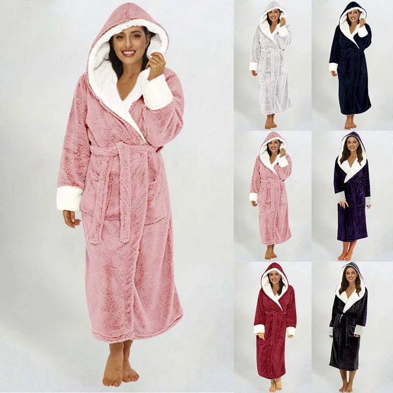 

Plush Bathrobe Women Warm Hooded Robe Ladies Winter Casual Flannel Kimono Bath Robes Dressing Gowns Bathrobe Pijama Mujer