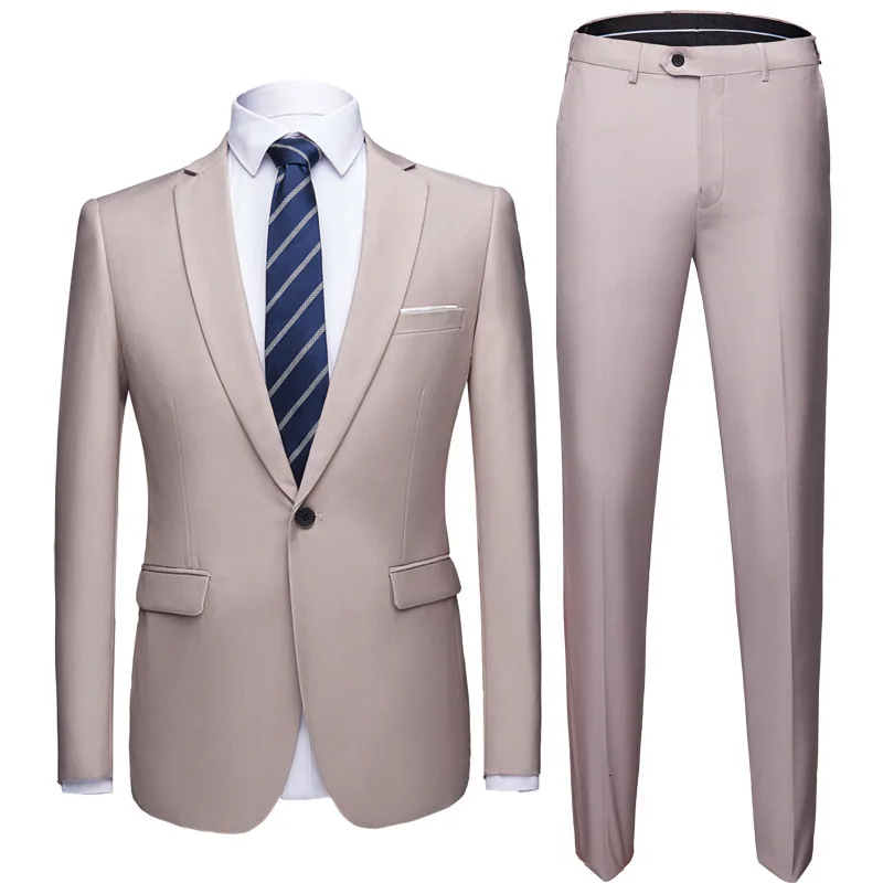 PYJTRL мужской Одноцветный комплект из двух предметов, приталенный Свадебный костюм, шафер жениха деловой повседневный костюм, куртка и брюки, костюм Homme - Цвет: Champagne