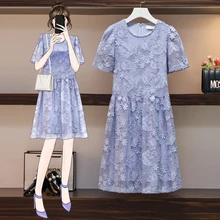 

Women Plus Size Beach Dress Summer 2021 Newest Fashion Short Sleeve Boho Ladies Lace Hollow Ｏut O-Neck Elgant Party Midi Dress