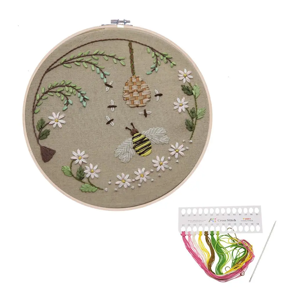 Cute Bee Animal Simple Embroidery Kits for Beginner Cross Stitch Needlework Flower Ribbon Home Decoration | Дом и сад