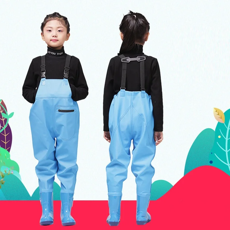 Fishing Chest Waders with Boots for Kids Outdoor Activities PVC Rain Pants + Waterproof Bootfoot Max Foot 22cm(8.65in) children boots