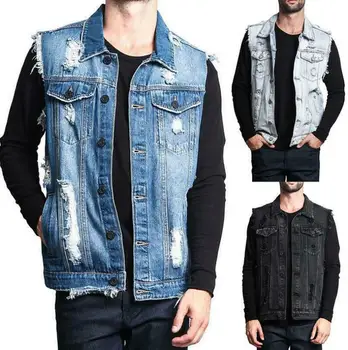 

Mens Cotton Blend Fashion Denim Jeans Vest Retro Sleeveless Man Vintage Jacket