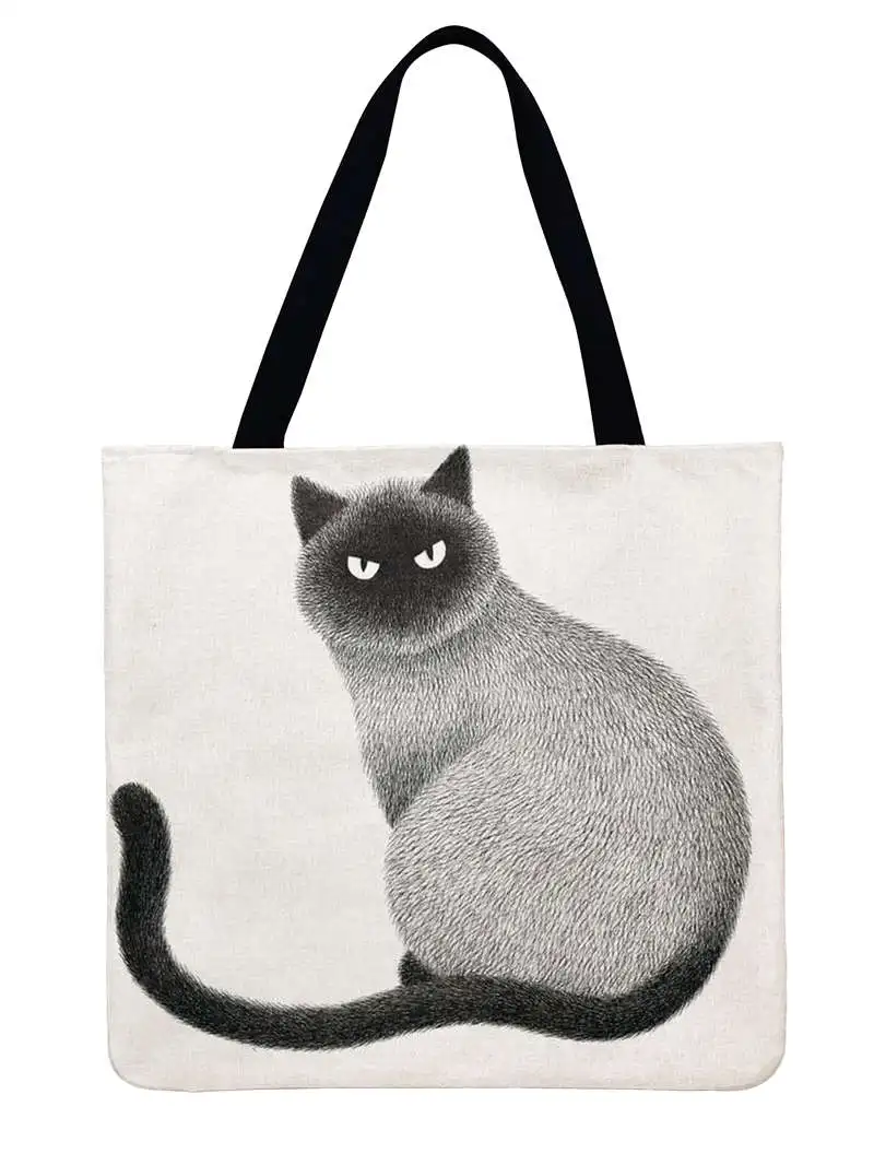 

Women Shoulder Bag Pencil Painting Cat Printing Tote Bag Linen Febric Casual Tote Foldable Shopping Bag Reusable Beach Bags