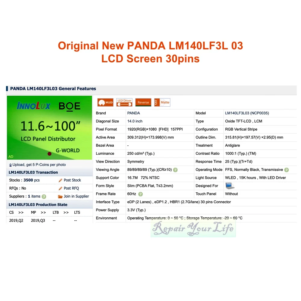 Lcd do Portátil para Chuwi Tela Herobook Lm140lf3l 03 Computador Portátil Display Led Widescreen Fhd 1080p 30pin Original Novo 14 Pro Cwi514 - Imagem 3