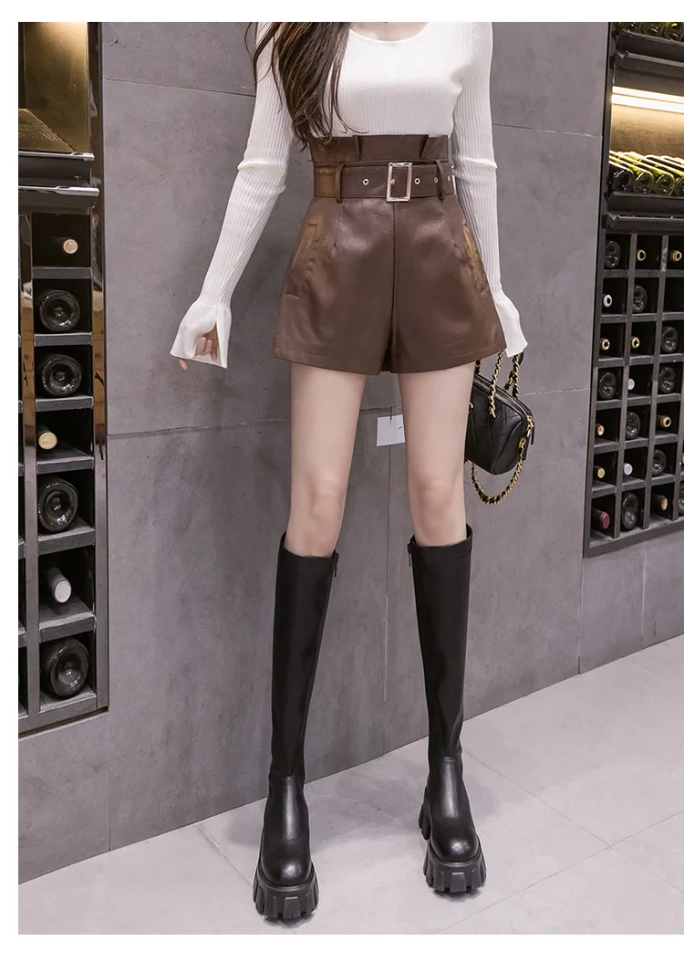 outfits for women 2022 New Autumn Winter Black PU Faux Leather Women's Shorts Sashes High Waist Wide Leg Shorts Elegant Female Trousers MT575 versace jeans couture